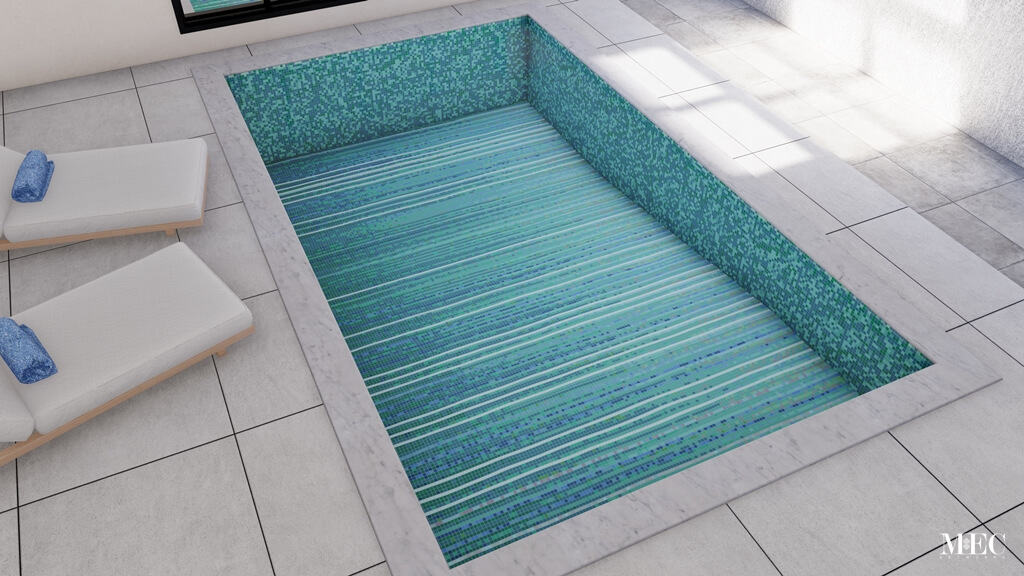 custom PIXL mosaic design swimming pool tiles blue lines