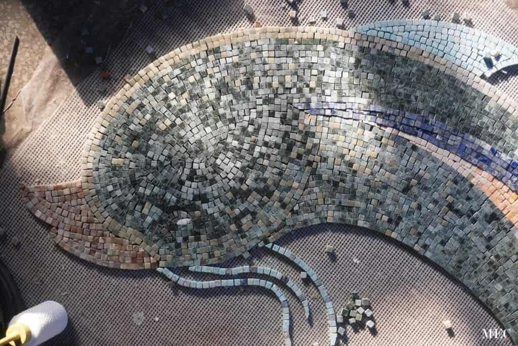 hand cut marble mosaic dolphin motif pool