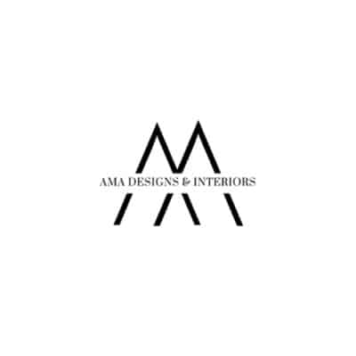 Modern black logo for AMA Designs & Interiors with a stylized "M" formed by angled lines.