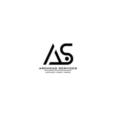 Modern black logo for Archcad Services with stylized overlapping "AS" letters and company details below.