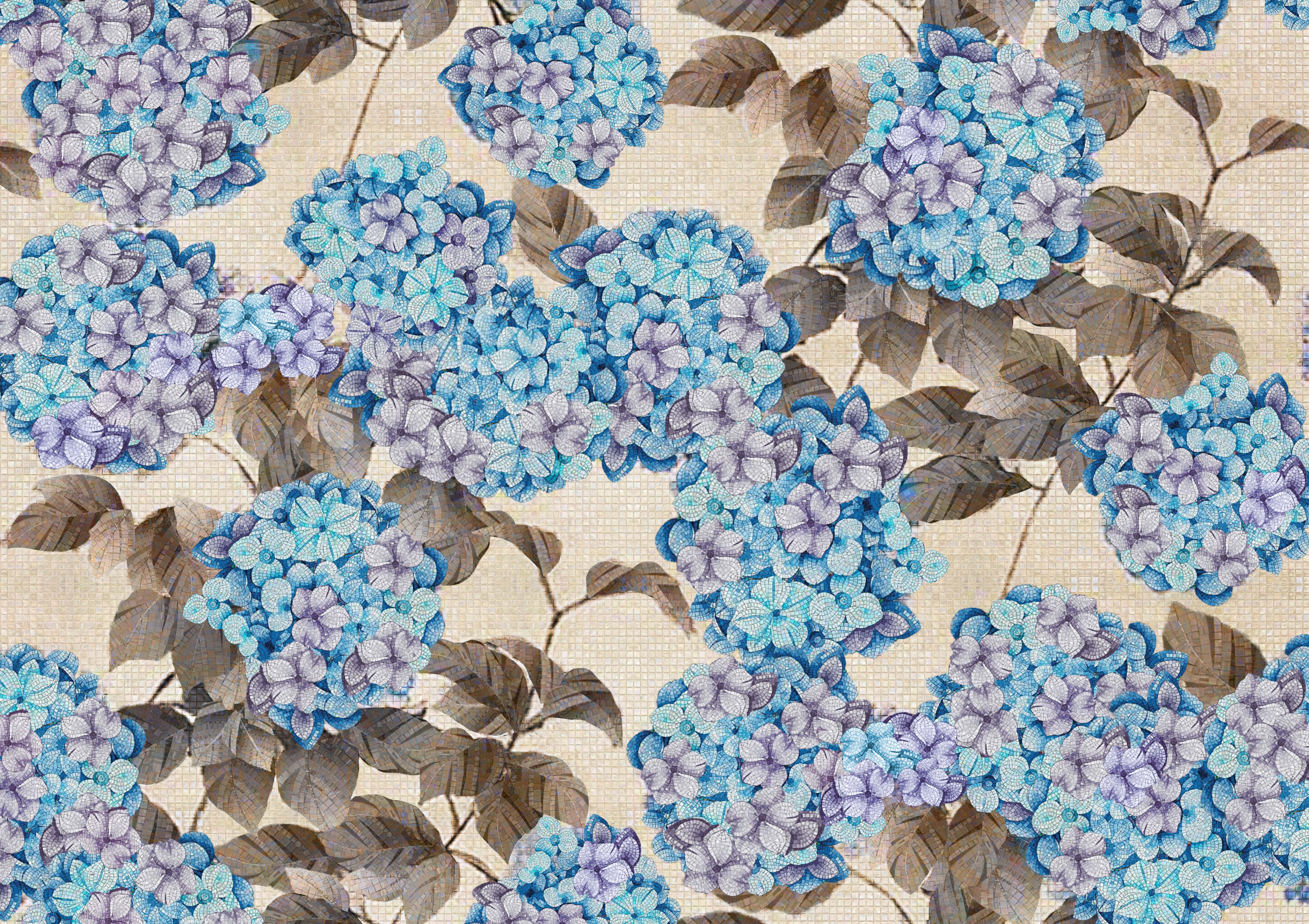 A beautiful blue and purple floral pattern featuring mosaic flowers on a soft beige background.
