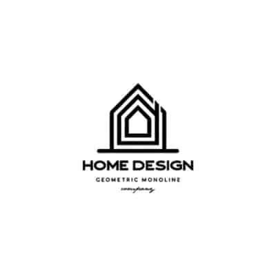 Modern black logo for "HOME DESIGN" with a stylized geometric house icon above the text.