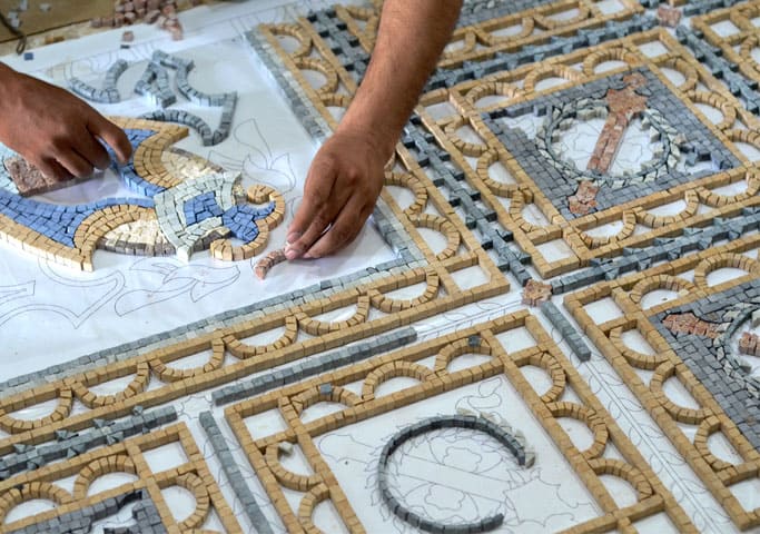 close- up marble mosaic handcrafted workshop