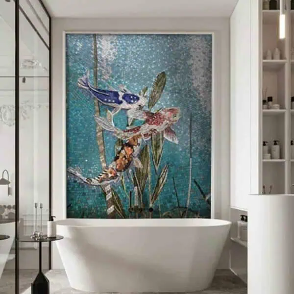 Koi fish pond scene bathroom wall mosaic art