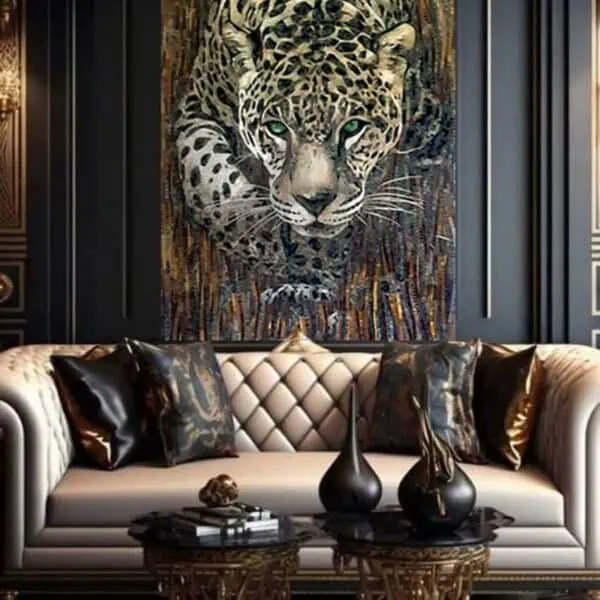 leopard mosaic wall mural dark background lifelike intricacy