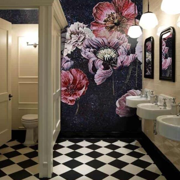 pink and purple mosaic wall bathroom area