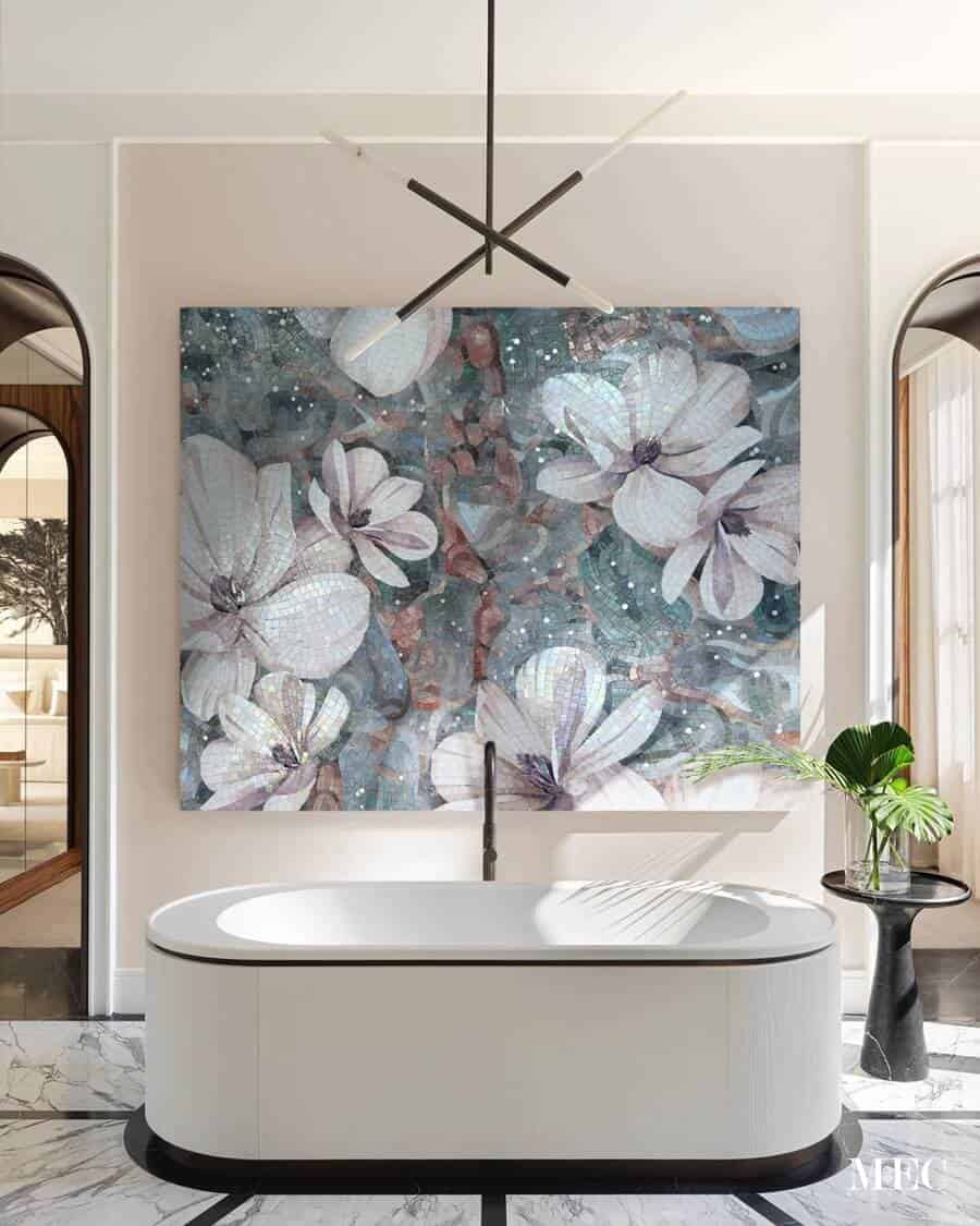 stunning floral washroom backsplash 