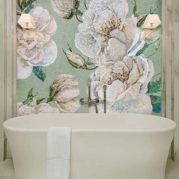 white rose wall art mosaic soft sage green mint bathroom niche