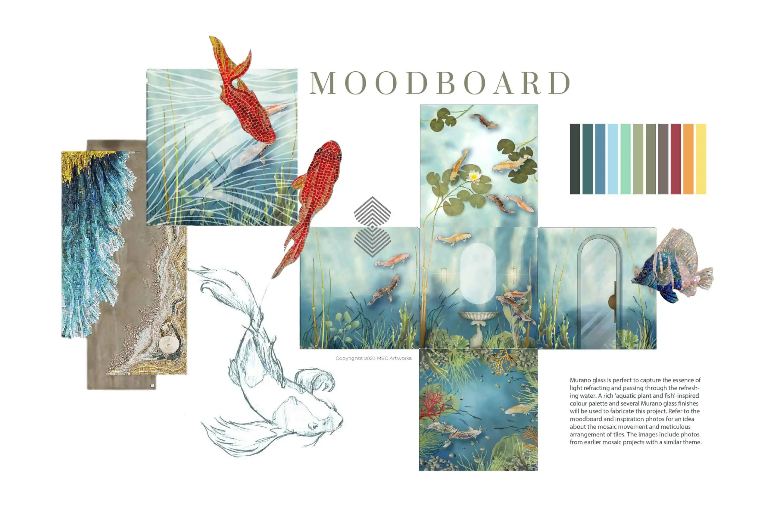 koi fish pond mosaic concept art moodboard