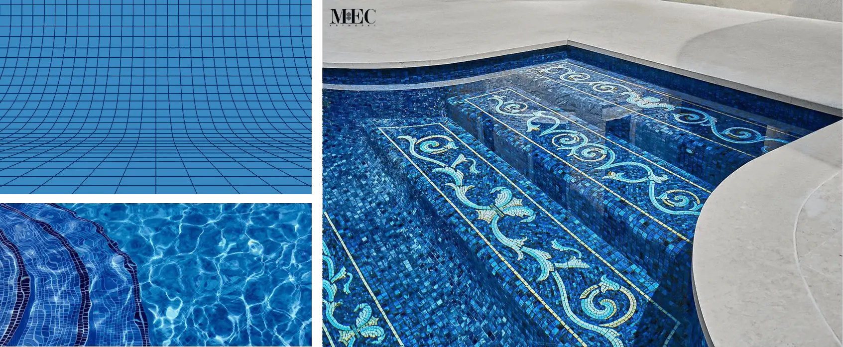 collage of 3 images showing how perfectly mosaic tiles can cover the curved surfaces in a swimming pool