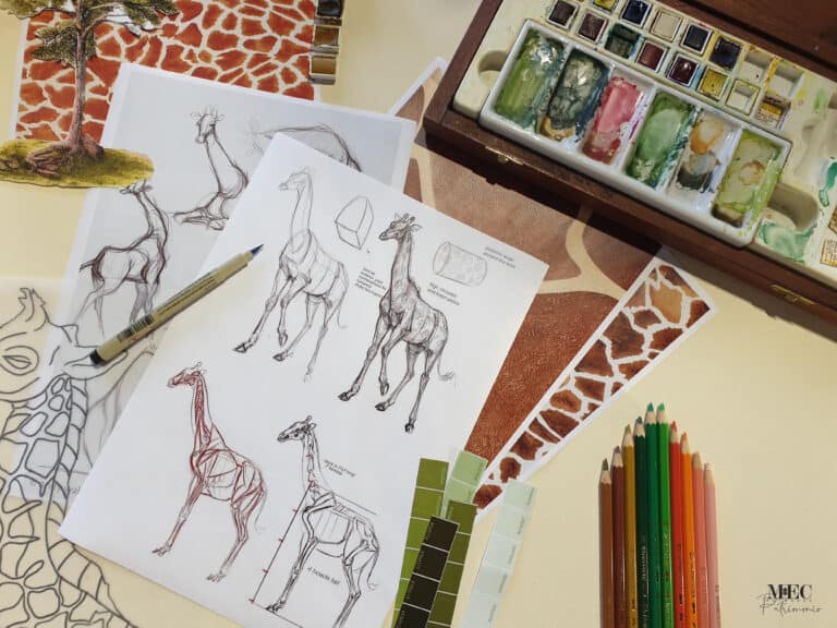 Giraffe anatomy sketches, watercolor palette, and color swatches used for designing wildlife-inspired mosaic murals.