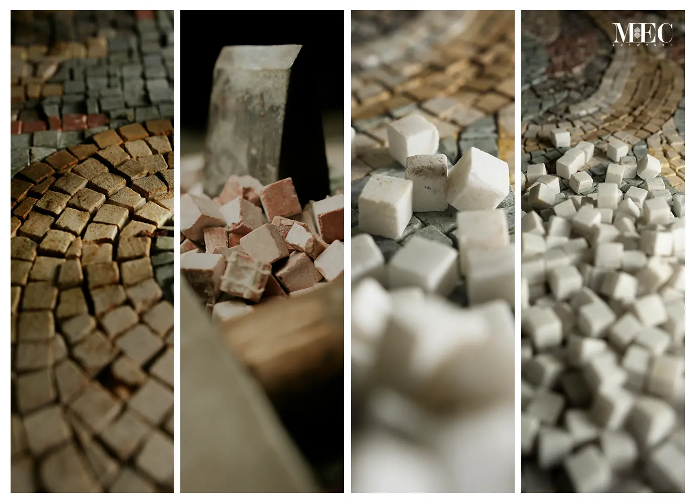 a collage of 4 images of a marble mosaic rug being fabricated at our production facility