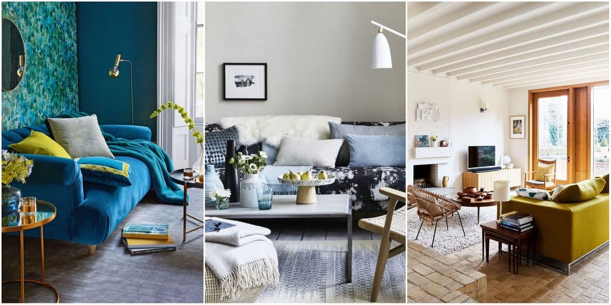 
A collage of three contemporary living rooms with elegant furniture and accessories. The left one features a mosaic wall art that adds color and creativity to the blue theme.