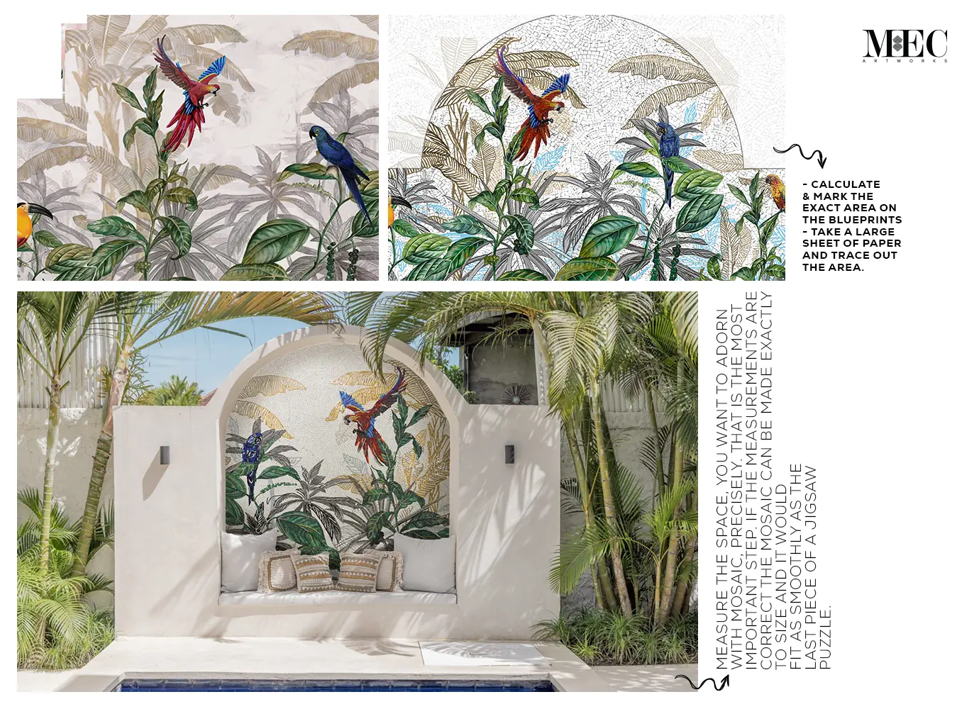 bespoke mosaic artwork with instructions on how to calculate the accurate area of wall for mosaics