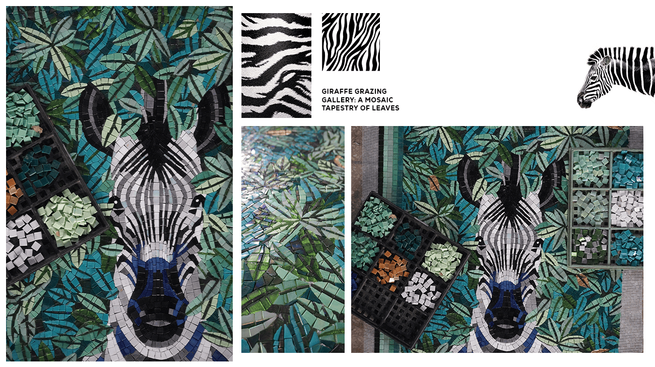 Handmade zebra mosaic art with lush green leaves background, crafted from colorful glass tiles for decor.