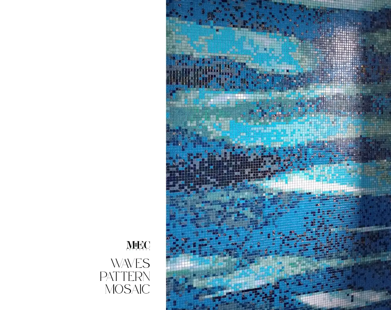 A mosaic pattern depicting waves with various shades of blue tiles.