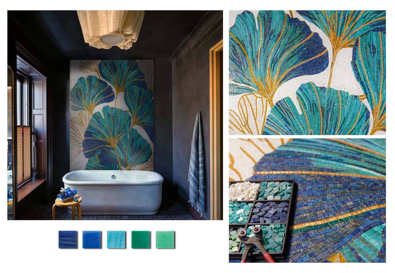 Elegant bathroom with ginkgo leaf mosaic mural in teal, turquoise, and gold glass tile patterns