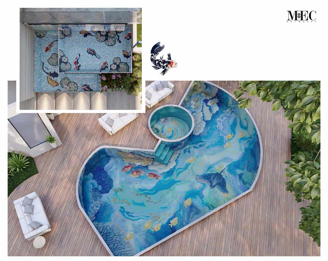 A top-down view of an intricately designed swimming pool with aquatic-themed pool mosaic art, showcasing fish, corals, and water patterns. Surrounding the pool is a wooden deck with white lounge chairs. An inset image shows a close-up of another pool section featuring koi fish