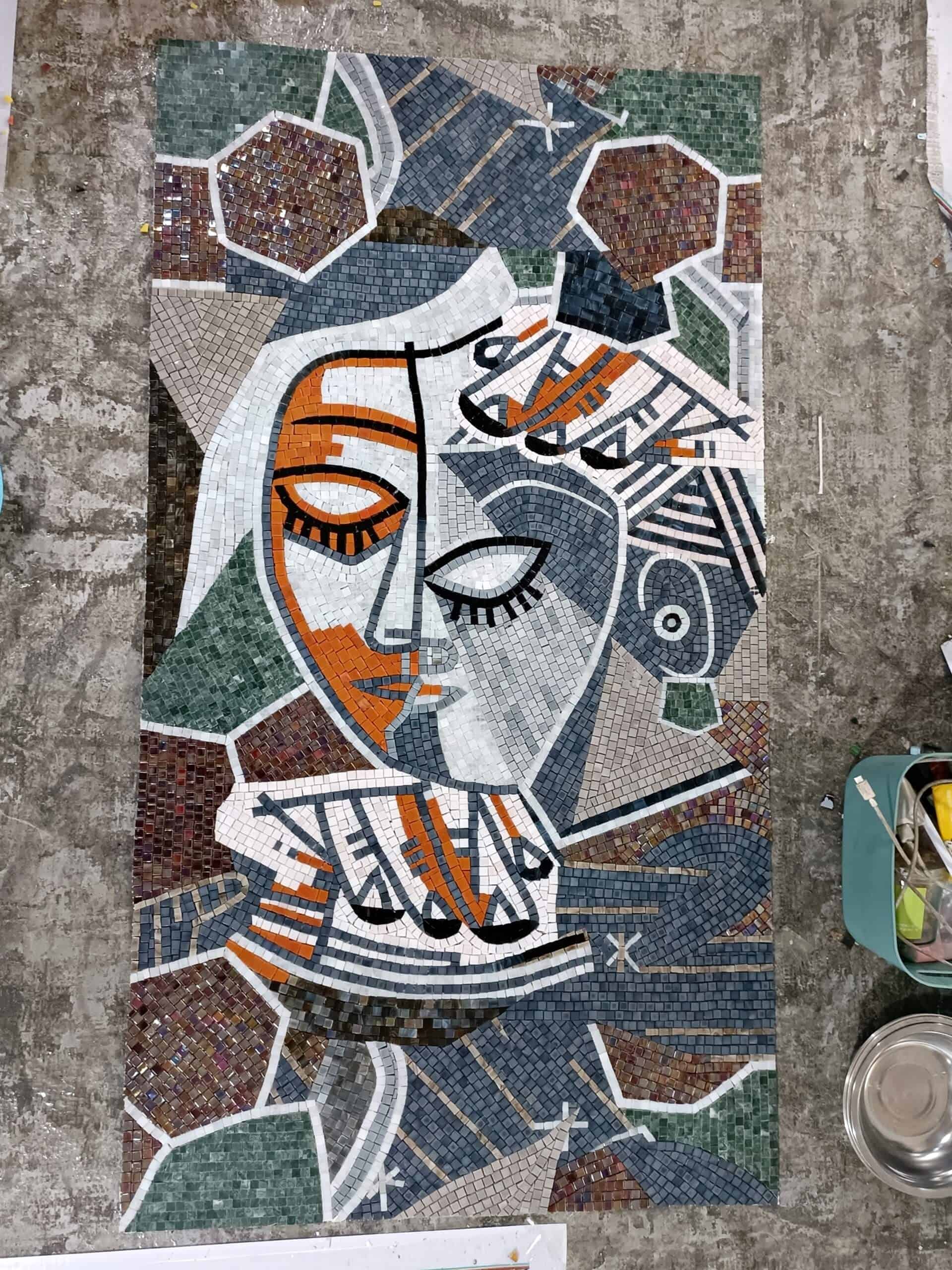 a mosaic artwork from MEC workshop showing freshly completed Picasso painting based wall tile art