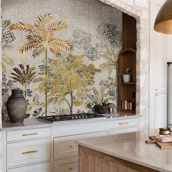 ivory and gold glass mosaic tree wall mural backsplash tile art