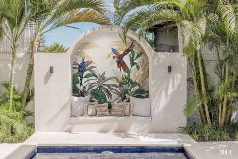 macaw toucan parrot bird mosaic tropical leaves gold glass mosaic pool area seating niche arched wall