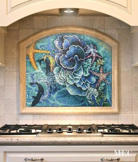 ocean vibrant tropical reef sea life fish starfish stove area backsplash mosaic