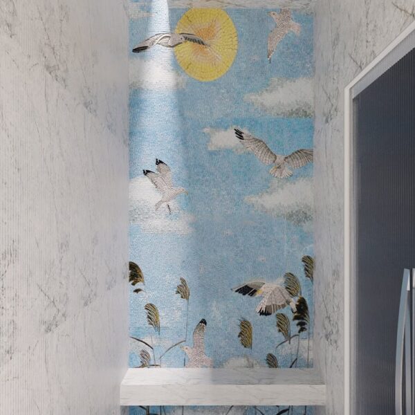 seagull mosaic coastal scene clouds sun mosaic mural handcut 3D render