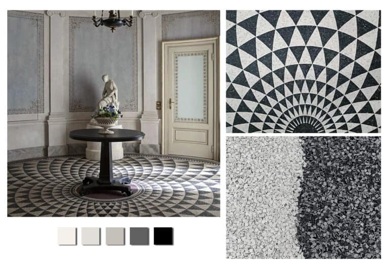 Svein black and white marble mosaic floor medallion black and white center aligned