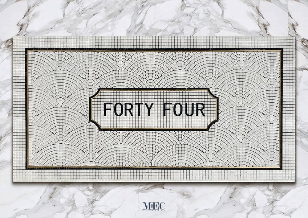 Typographic marble mosaic entrance floor plaque revised design