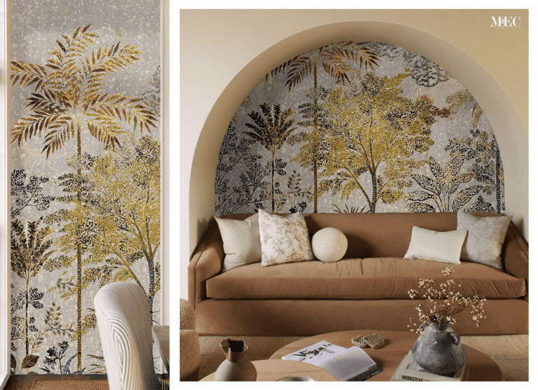 The living room showcases a beautifully designed wall mural, adding artistic flair to the inviting atmosphere.