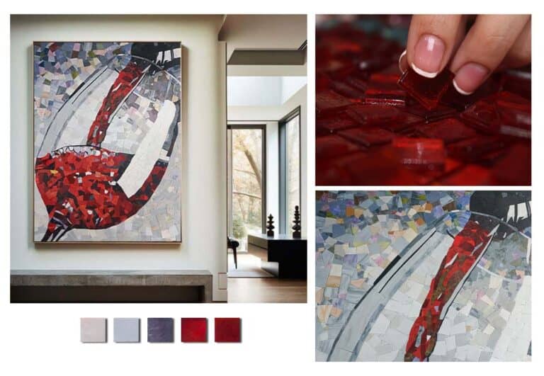 red wine broken tile effect glass mosaic jade close up of the completed artwork