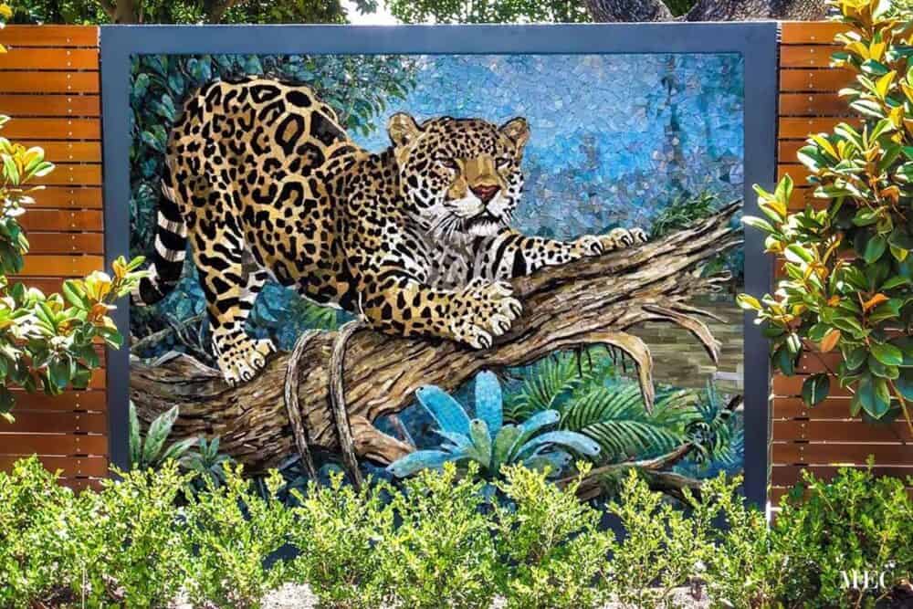 leopard mosaic scratching tree branch stretching outdoor wall glass tile mural