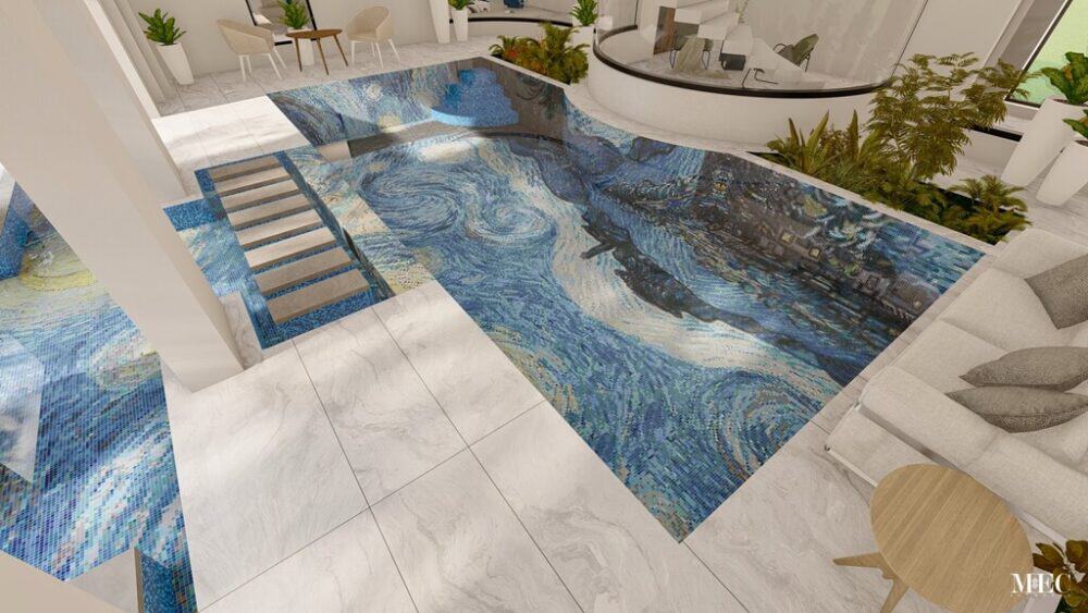 van gogh starry night mosaic pixl painting pool 3D render