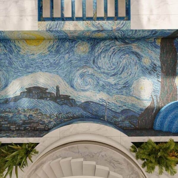 vincent van gogh pixl starry night pool mosaic tile art 3D render top down view