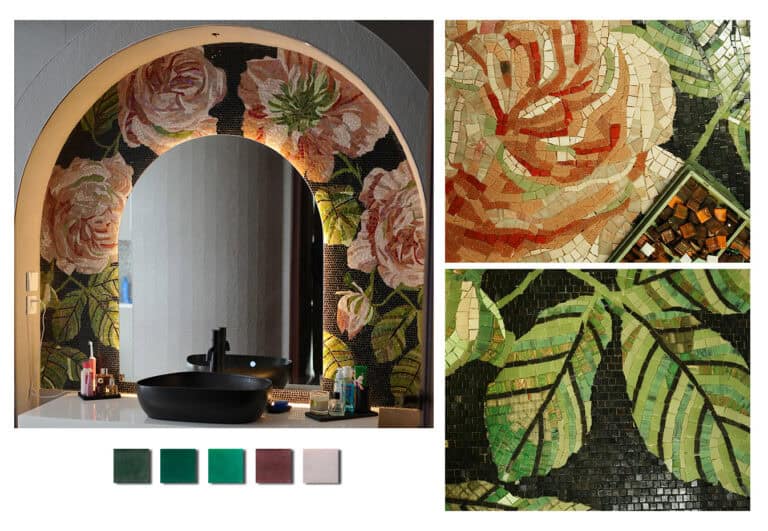 custom handcut glass tile peach roses mosaic mirror border niche wall close up photo powder room