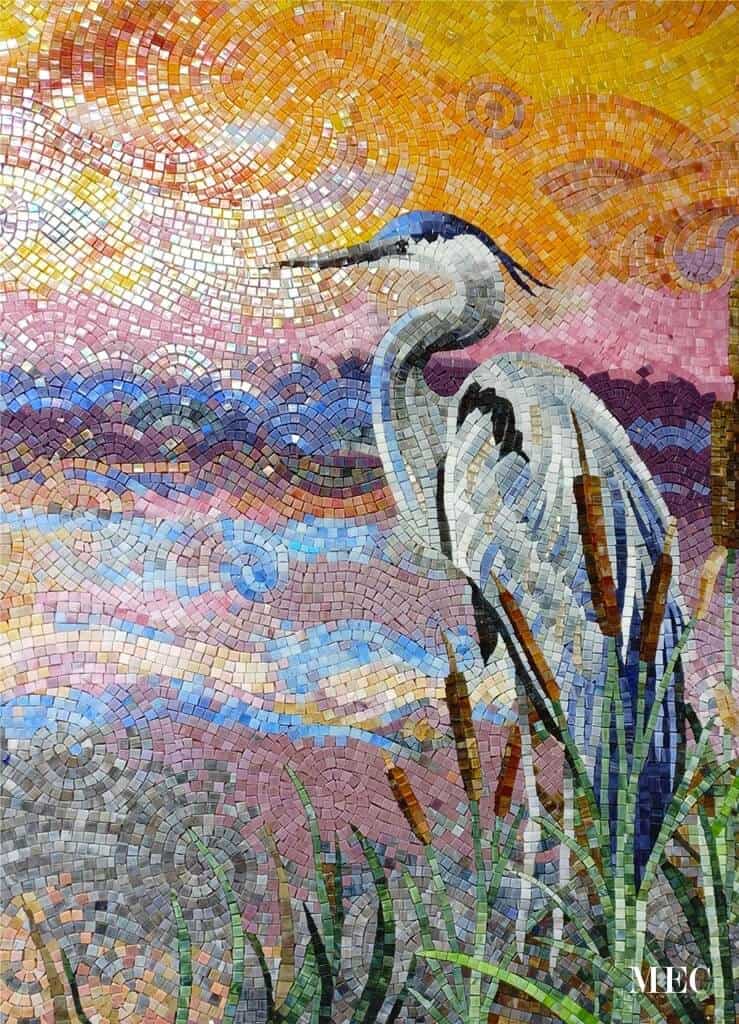 vertex glass and murano glass heron mosaic close up