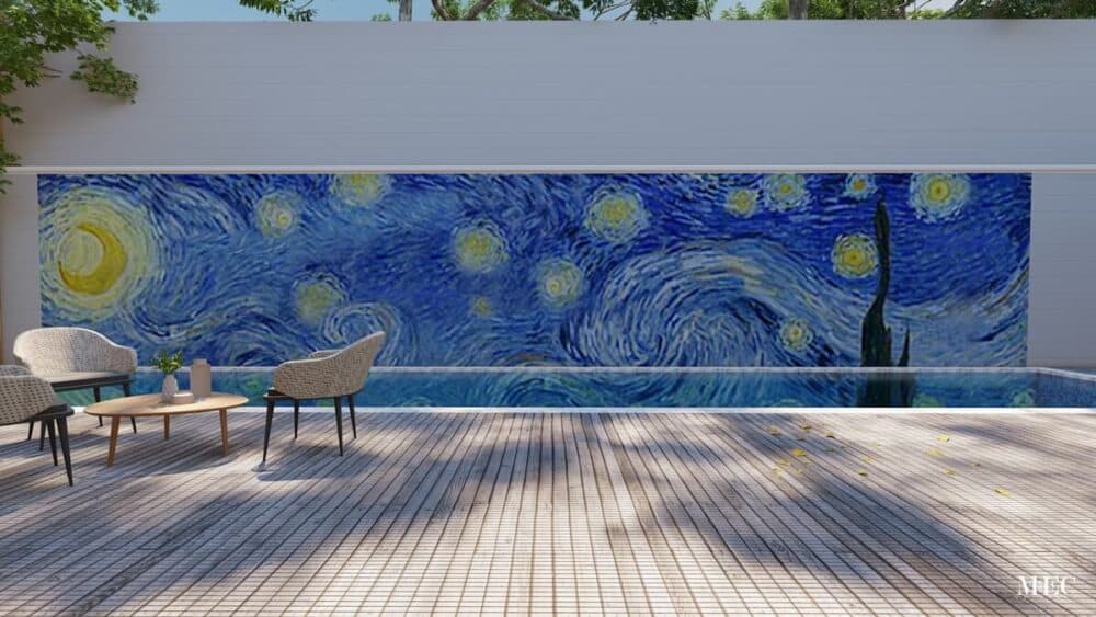 starry night mosaic pool tile art hand cut concept 3D render wall