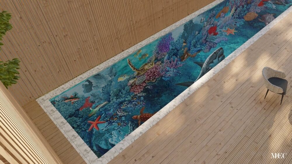 underwater mosaic scene sea life pool tile 3D render side down view