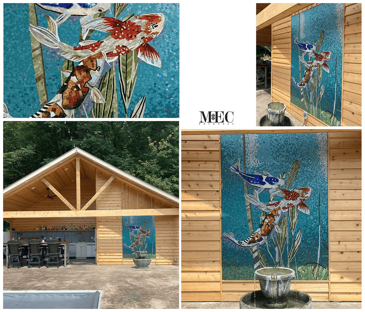 collage with photos of the mosaic installed at site in Ohio