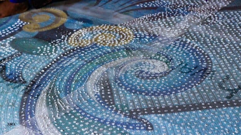 custom pool mosaic production process workshop behind-the-scenes glue application