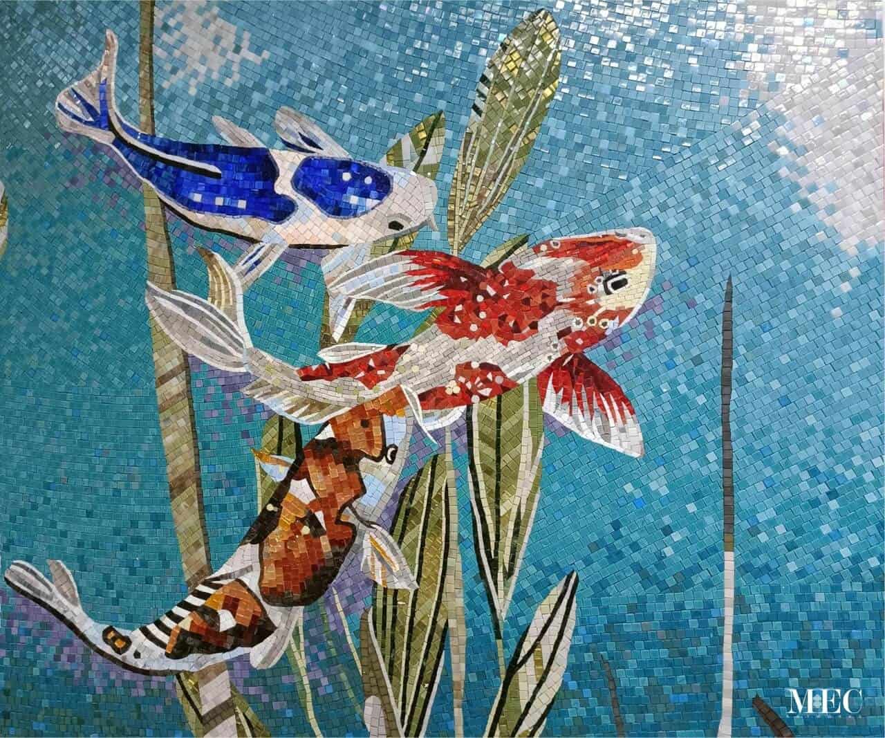 koi fish mosaic pond scene pool wall close-up