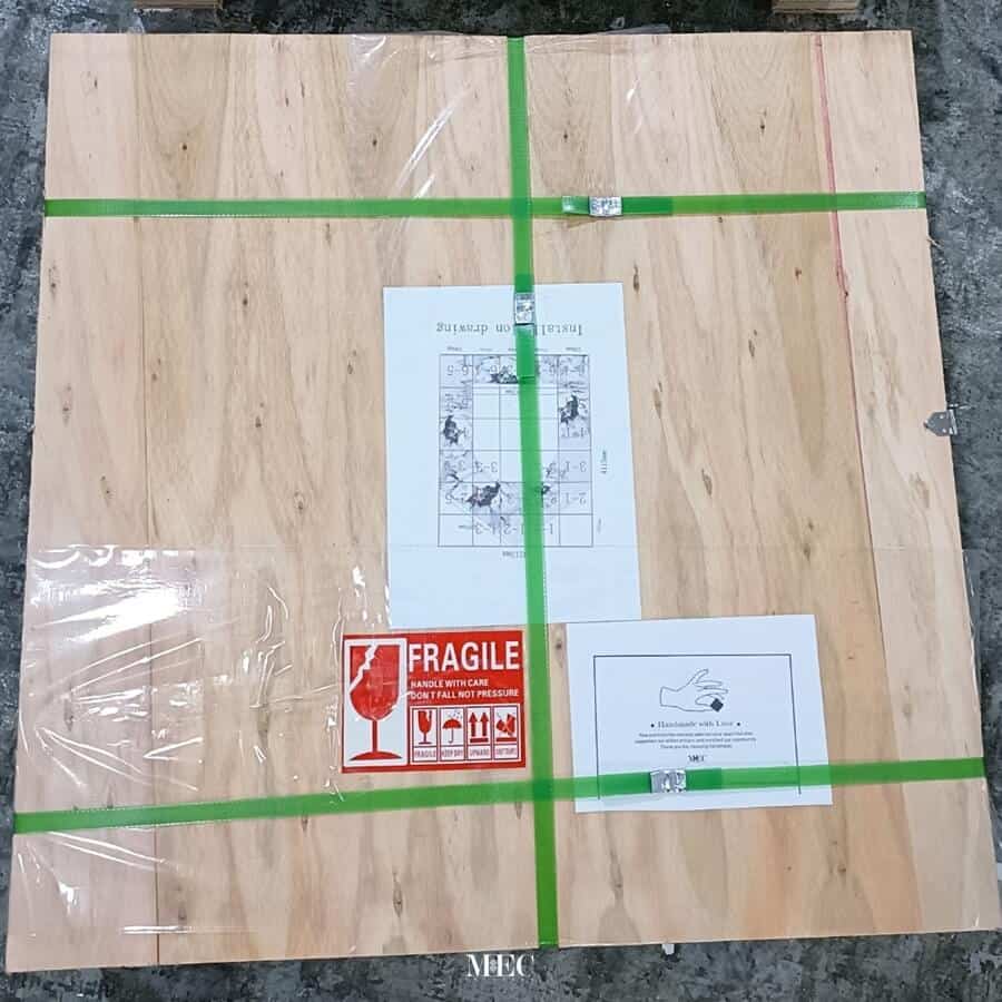 wooden handmade pallet mosaic packed for shipment with labels