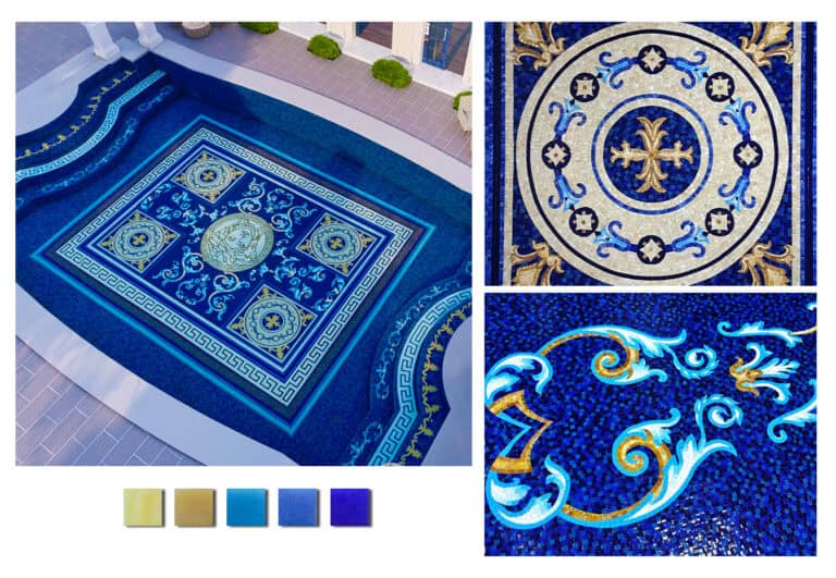 Eye-catching mosaic pattern with rich blue and gold tones, representing the versace mosaic design made by mec artworks.