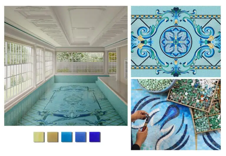 A vibrant collage featuring blue and green tiles alongside a blue and white tile, showcasing intricate mec artwork.