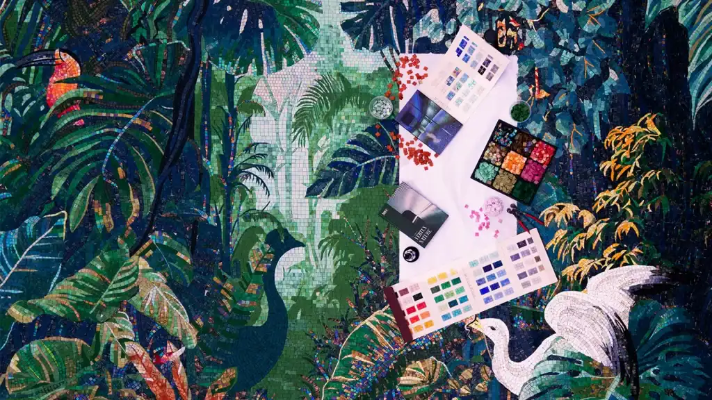 Tropical mosaic scene with peacocks and dense jungle foliage, surrounded by color swatches and tile samples.