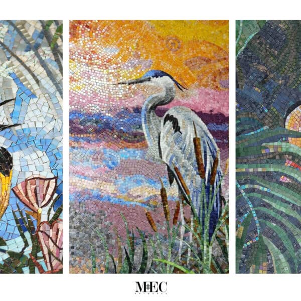 Three distinct paintings of various birds displayed on a wall, showcasing vibrant colors and artistic styles.