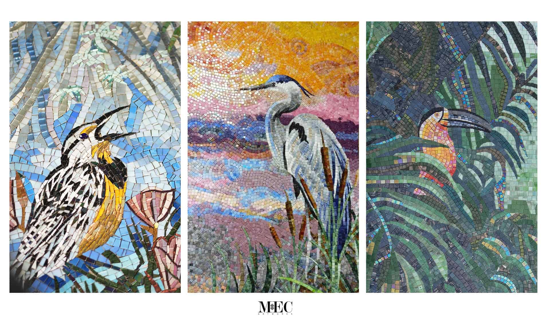 Three distinct paintings of various birds displayed on a wall, showcasing vibrant colors and artistic styles.