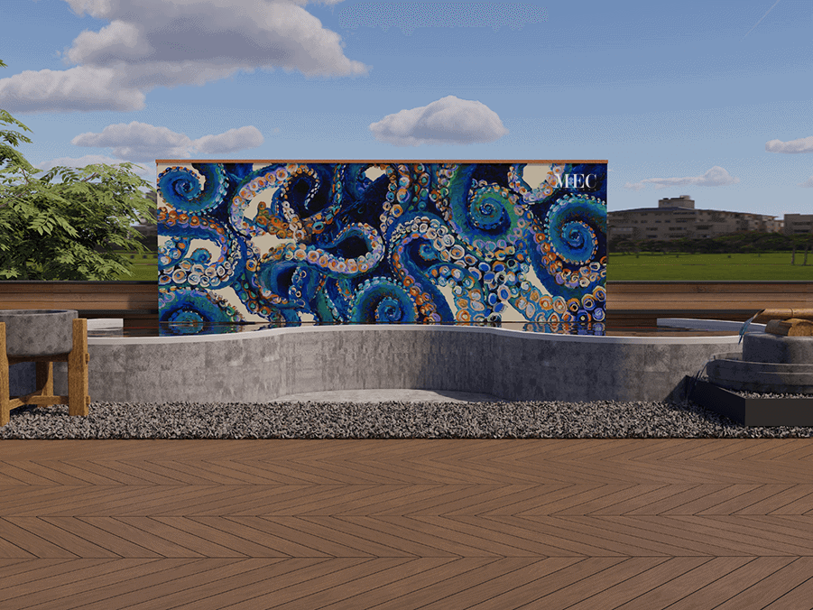 3D render outdoor wall fireplace mosaic mural design presentation option B