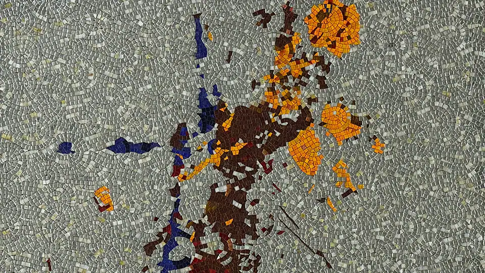 Abstract mosaic artwork with textured gray background, featuring orange, brown, and blue fragmented color patterns.