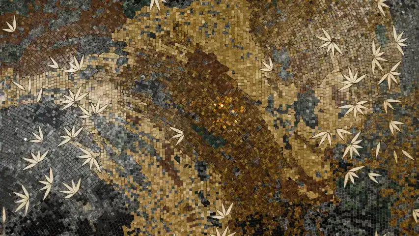 Elegant mosaic artwork with flowing earthy tones and scattered white leaves resembling a forest floor.